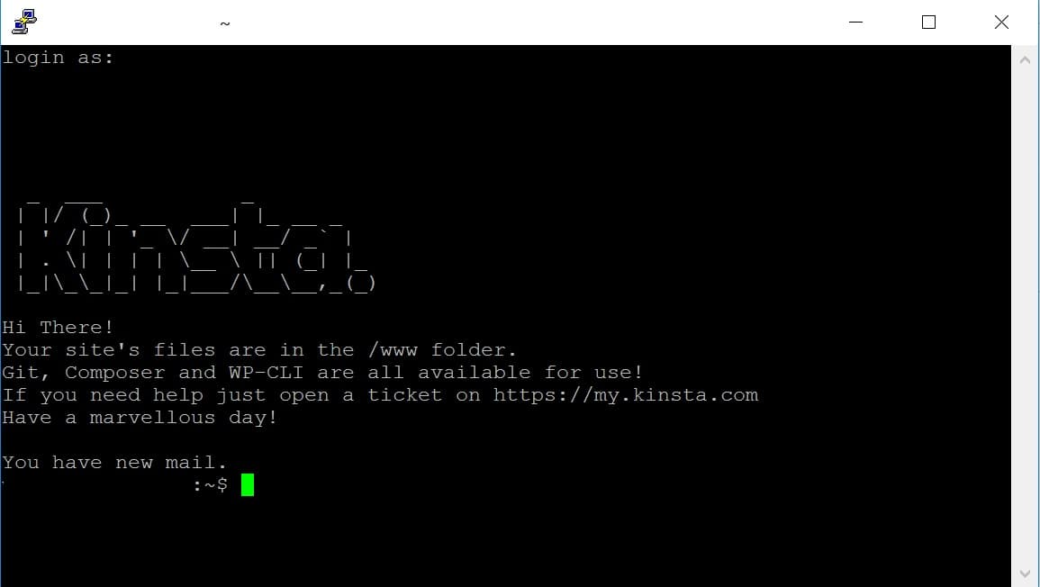 SSH login succesvol met PuTTY.