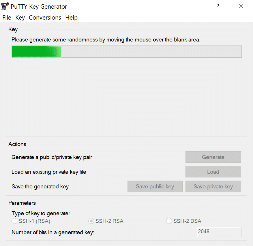 Beweeg je muis om willekeurigheid te genereren in PuTTY Key Generator.