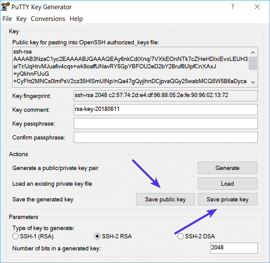 Sla de publieke en privésleutels van PuTTY Key Generator op.