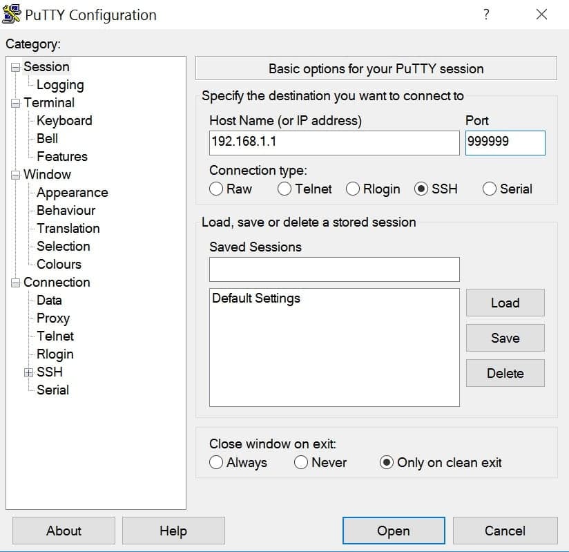 SSH PuTTY-client voor Windows.