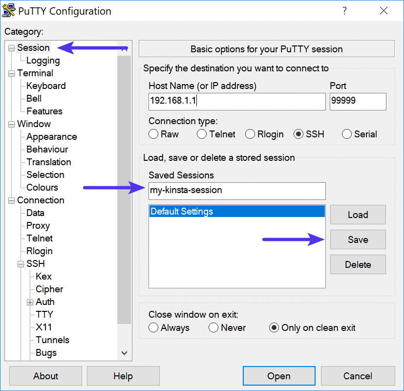 Geef je SSH-sessie een naam en sla hem op in PuTTY.