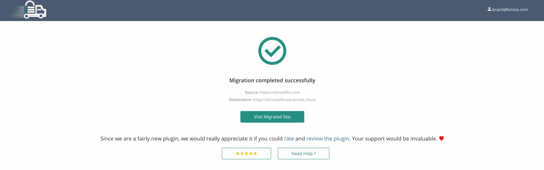 Migrazione WordPress riuscita con Migrate Guru.