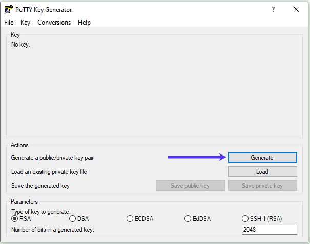 Genereer een nieuwe sleutel in PuTTY Key Generator.