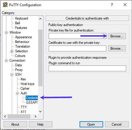 Voeg je SSH privésleutelbestand toe in PuTTY.