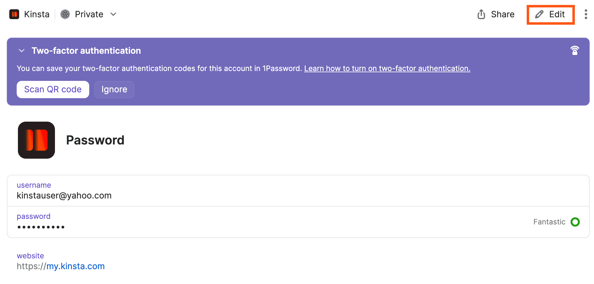 Você pode encontrar e editar seu perfil de login do MyKinsta no 1Password.