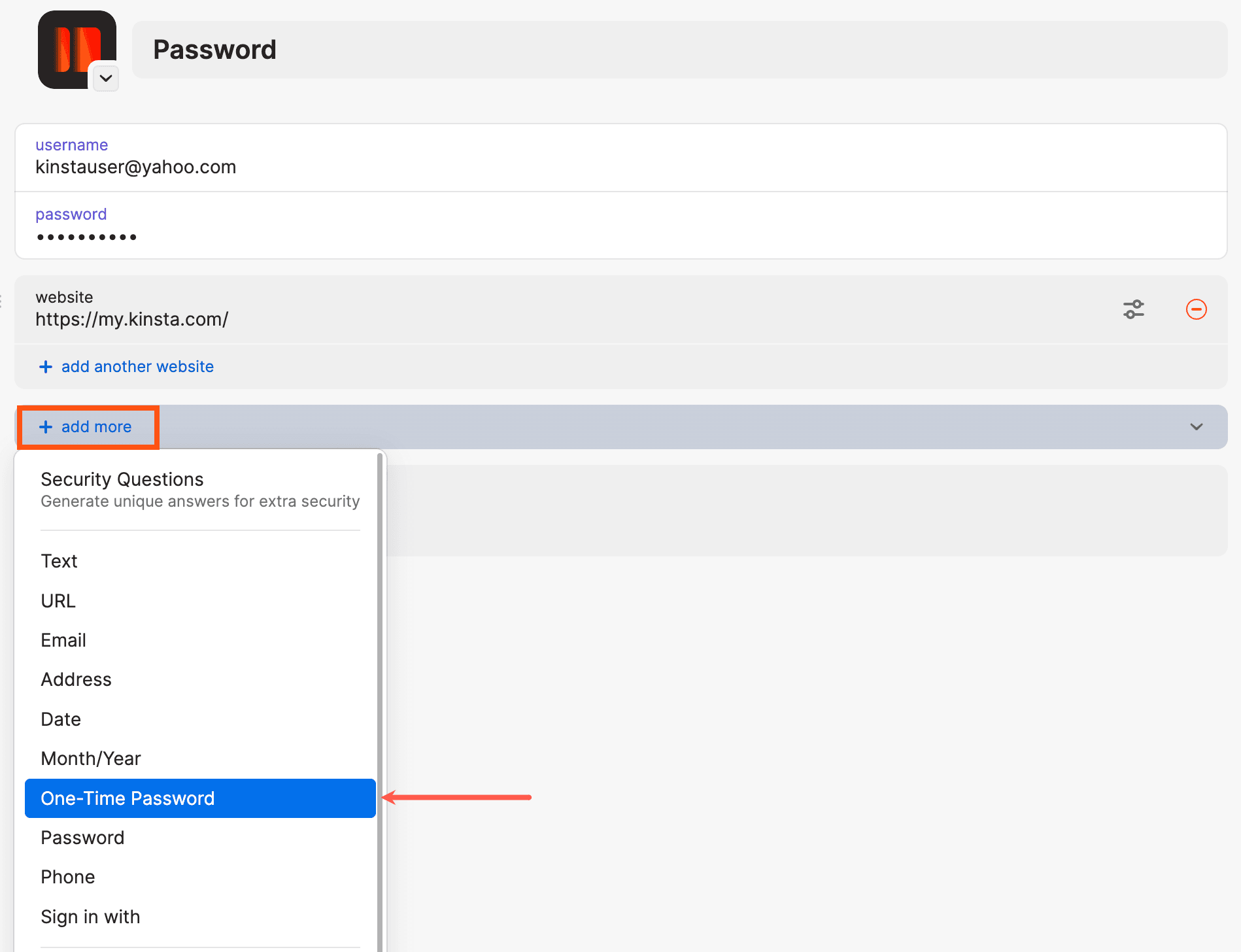 Adicione uma senha de uso único no 1Password.