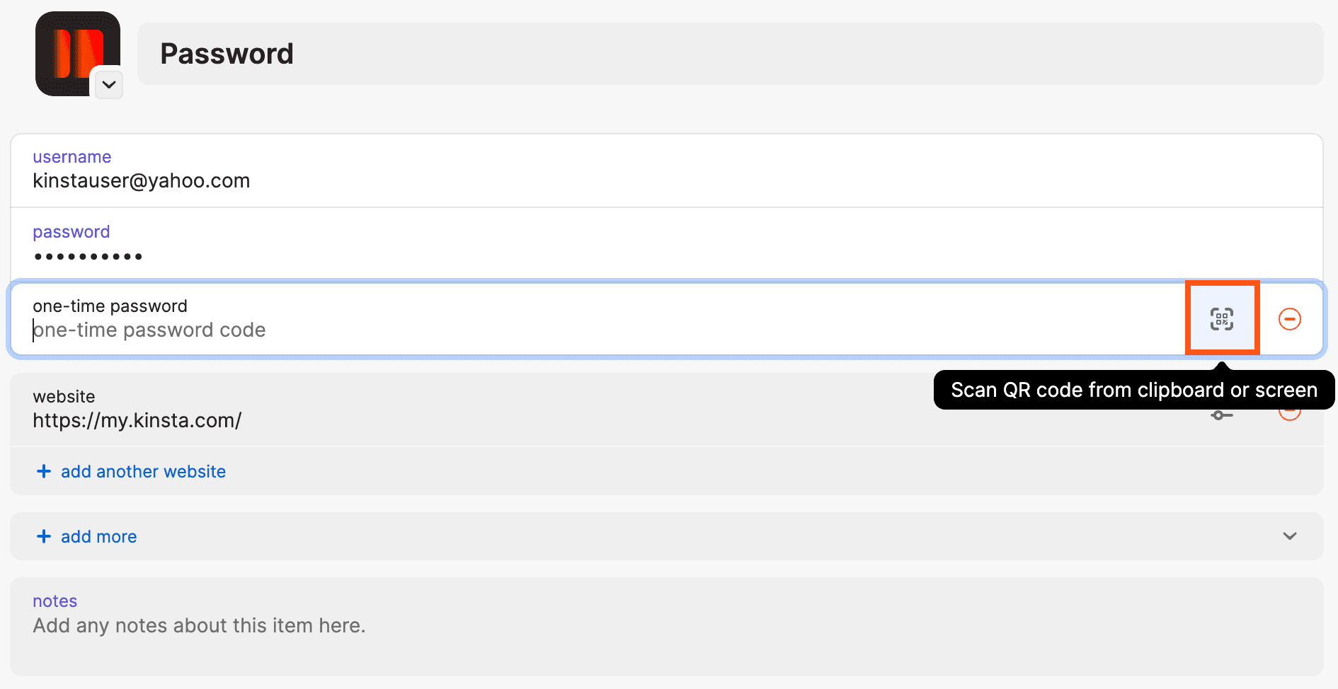 Clique no ícone de código QR para ativar o scanner de código QR no 1Password.