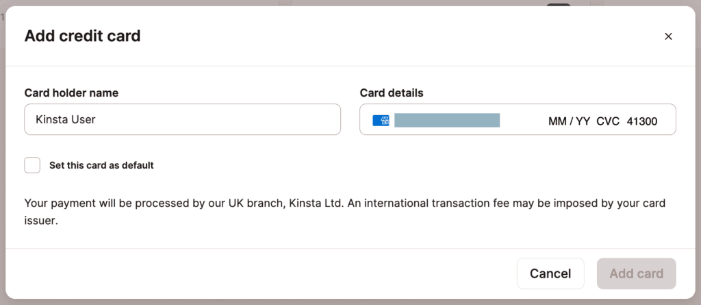Aggiunta di una carta di credito transfrontaliera su MyKinsta.