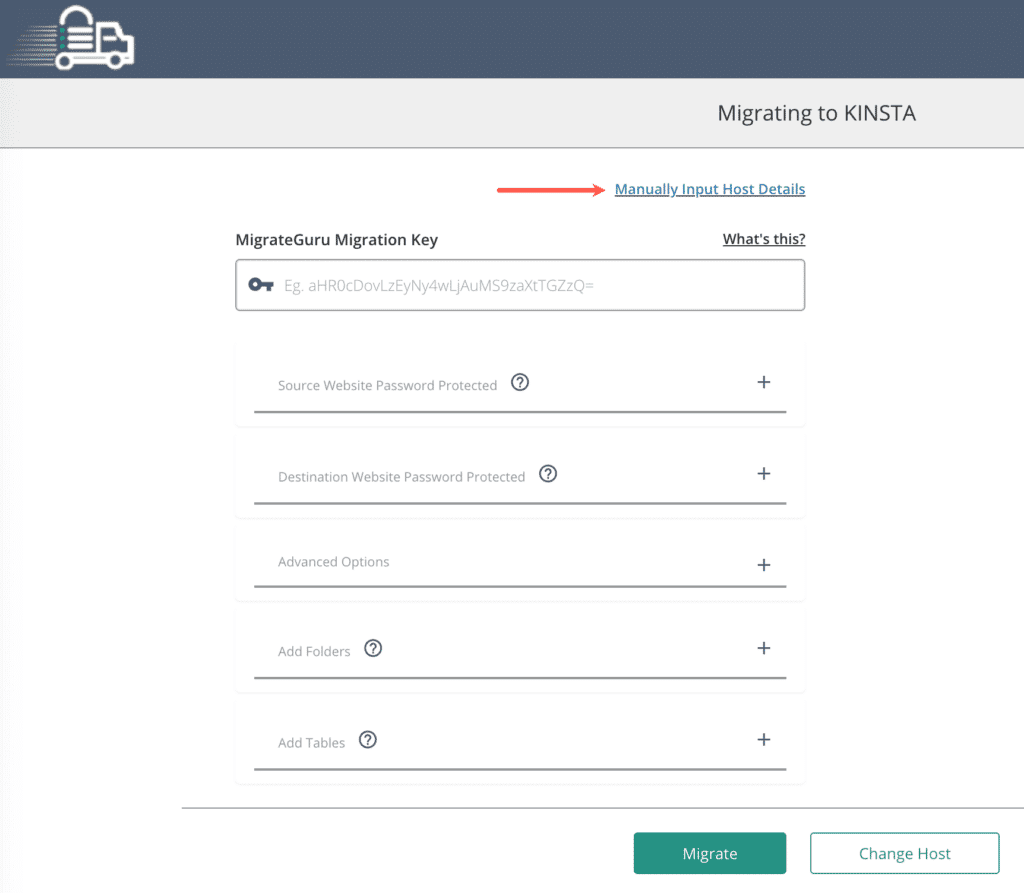 Hostgegevens handmatig invoeren in Migrate Guru.