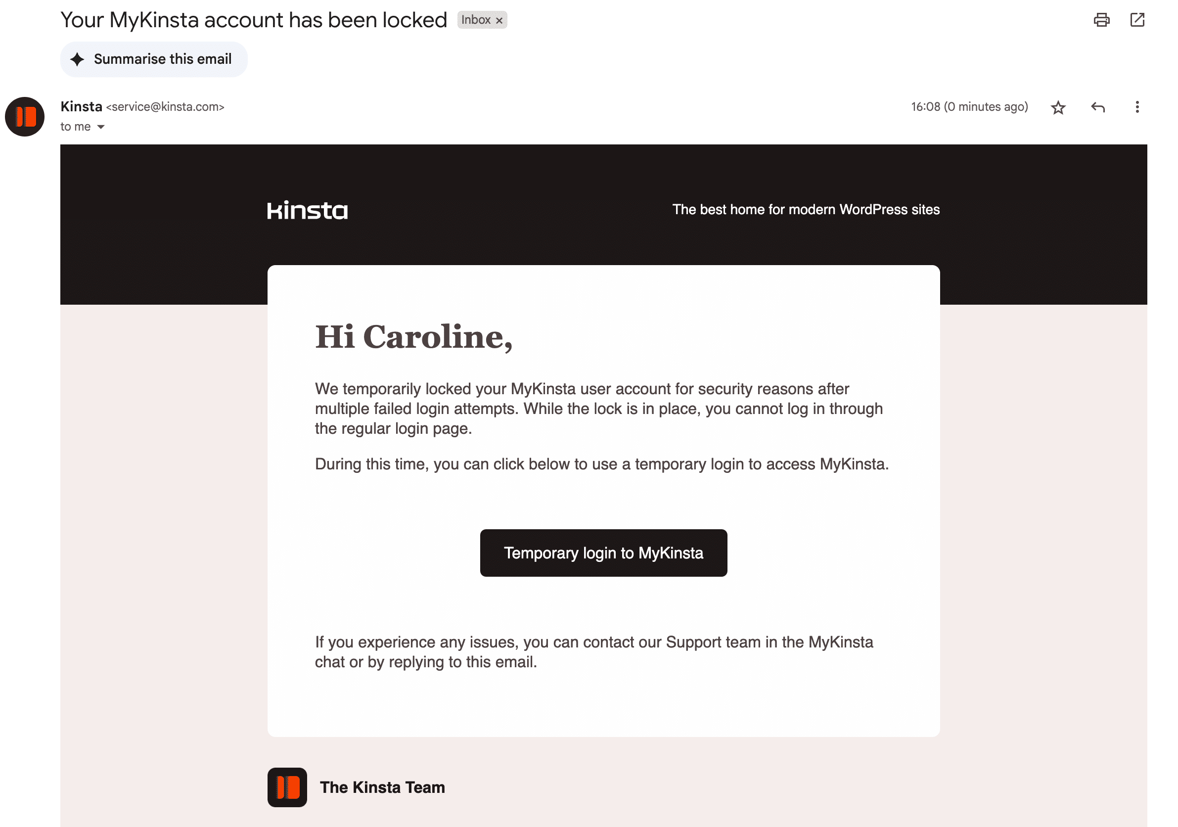 Notificação por e-mail quando sua conta MyKinsta é bloqueada.