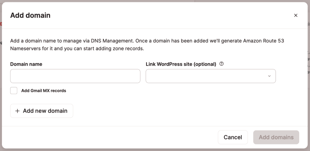 Voer je domein en de gekoppelde WordPress site in in de Add domain modal en klik op Add domains om verder te gaan.