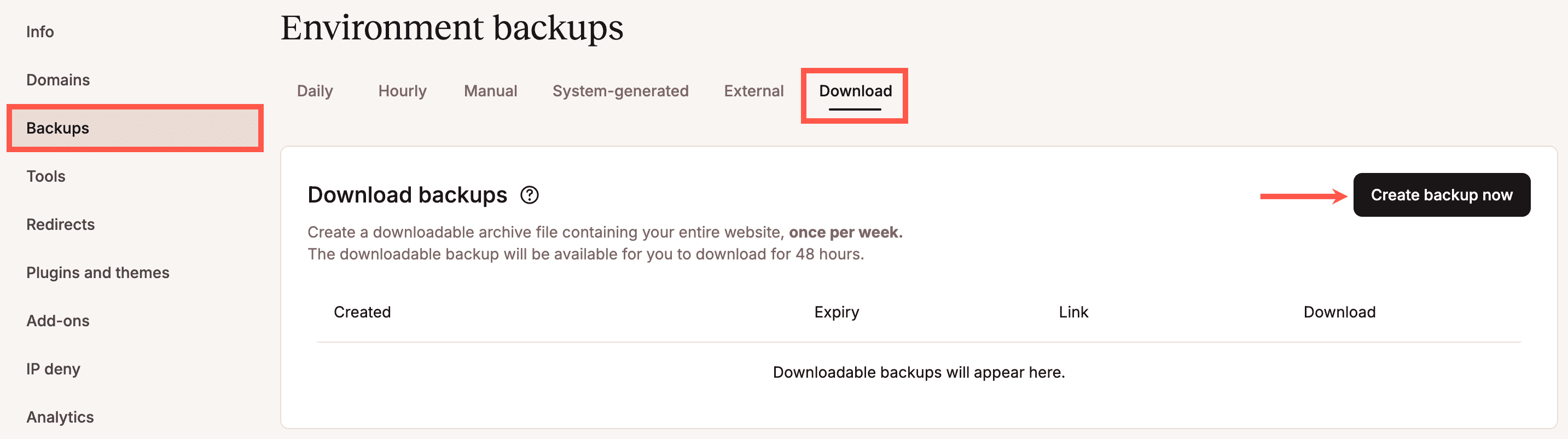 Downloadbare backups in MyKinsta.