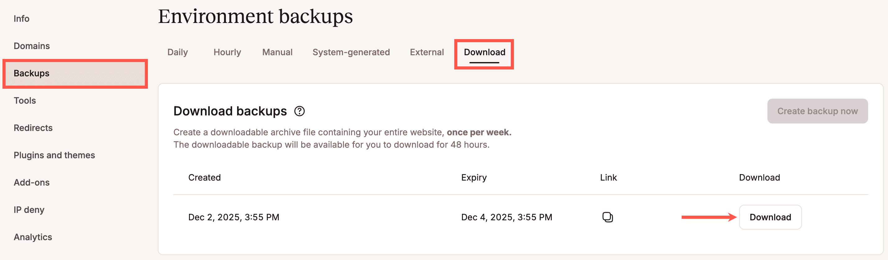 Download je WordPress backup in MyKinsta.