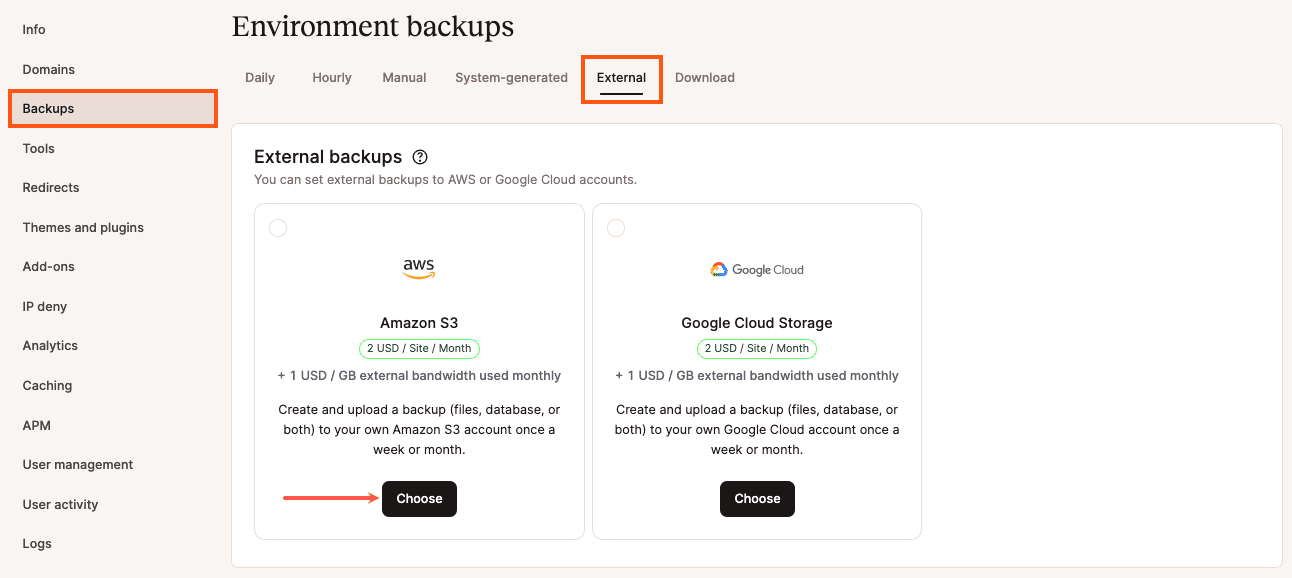 Selecteer de Amazon S3 optie voor externe backups.