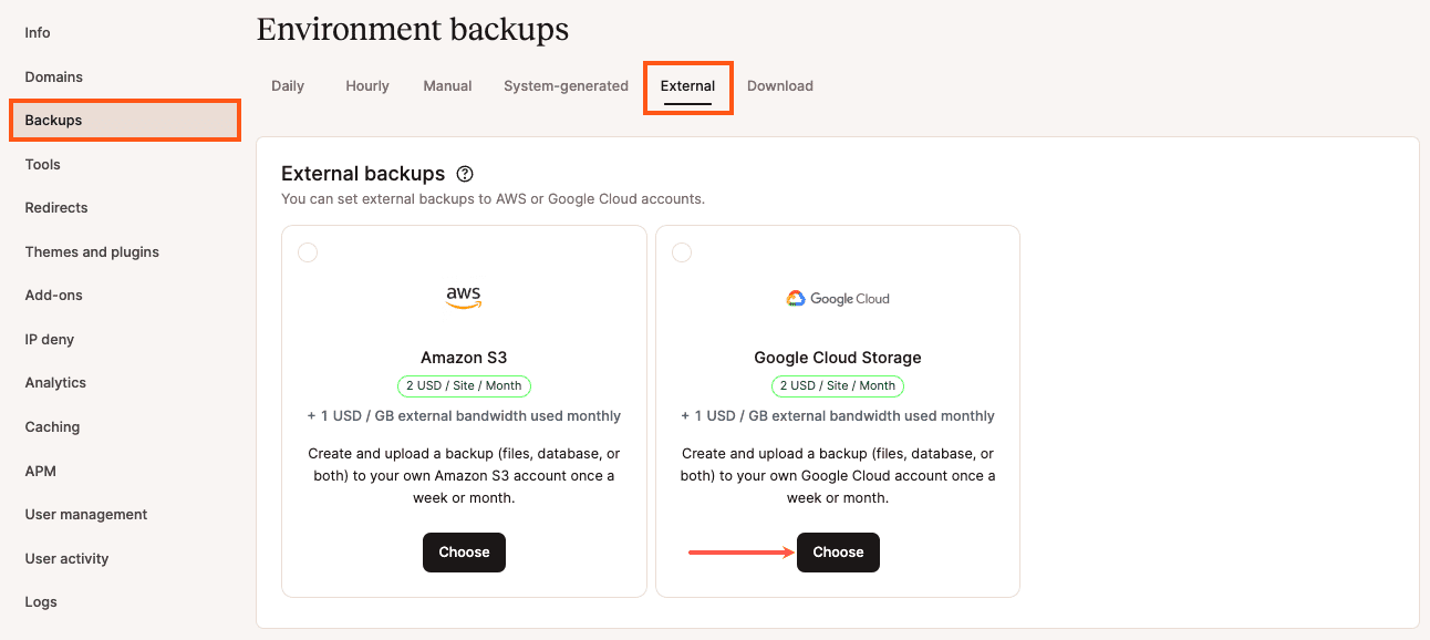 Selecteer de optie Google Cloud Storage voor externe backups.