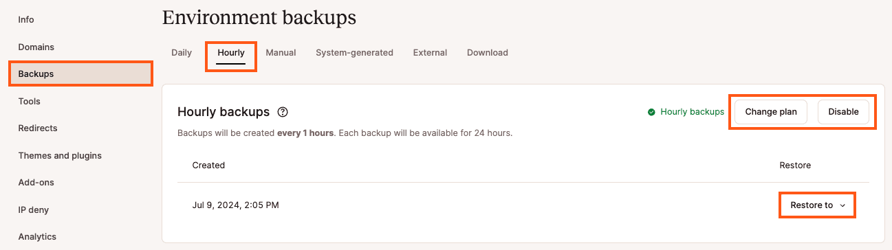 Uurlijkse backups ingeschakeld in MyKinsta.