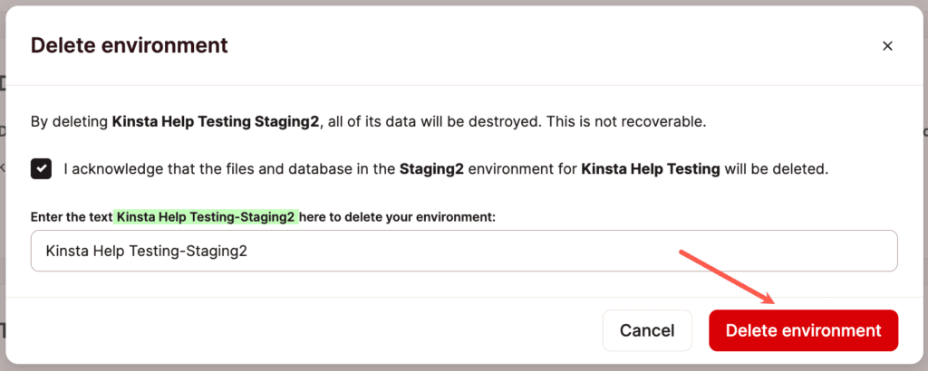 Delete a staging environment in MyKinsta.