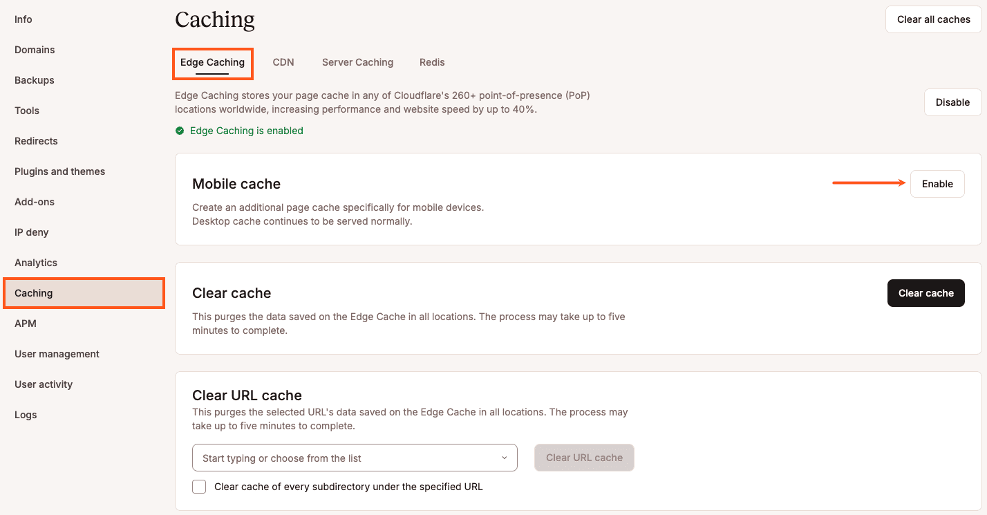 Activa el Edge Caching Móvil.