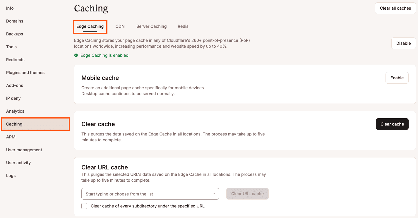 Configuración de Edge Caching en MyKinsta.