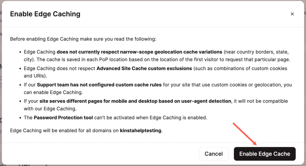Confirma la activación de Edge Caching en MyKinsta.