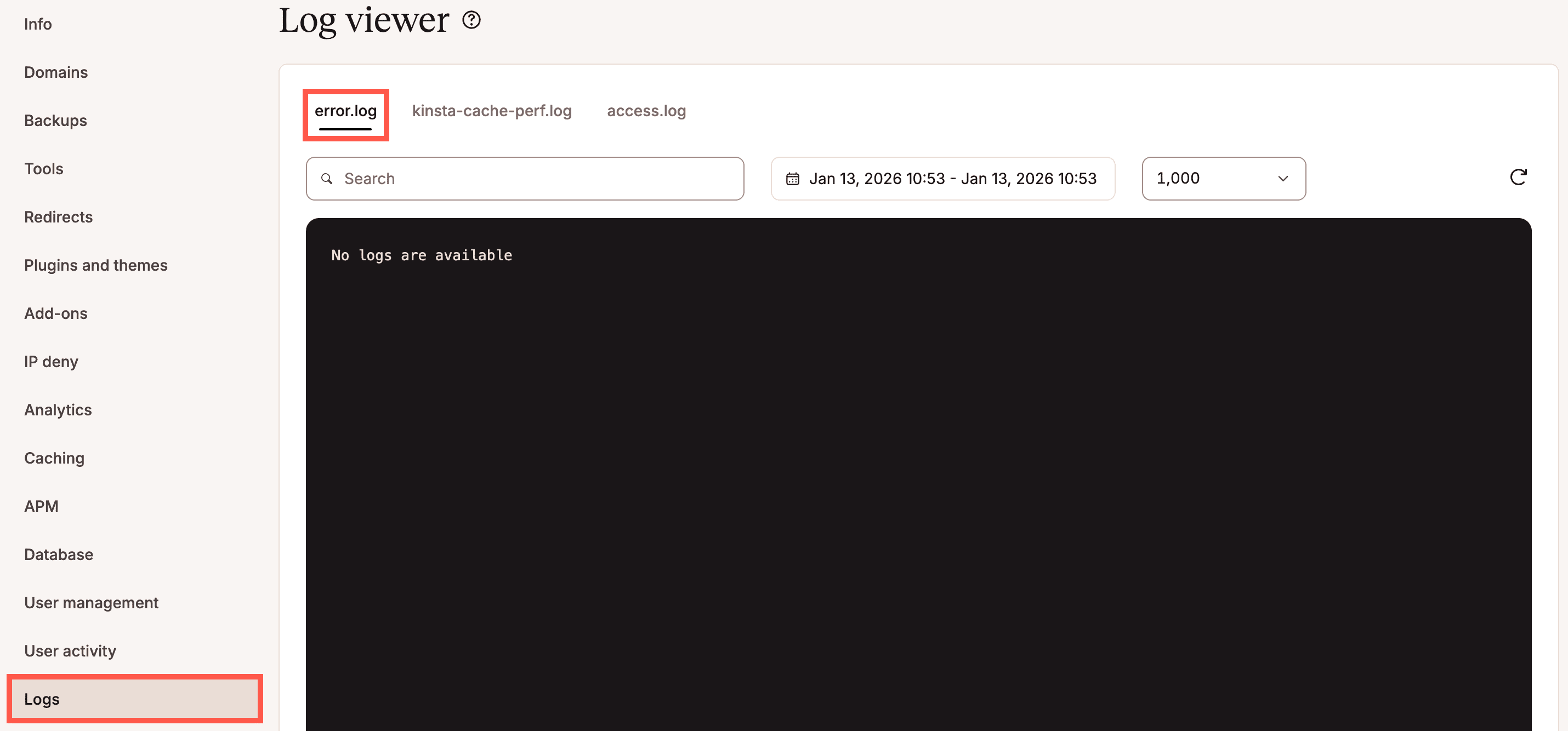 error.log file in MyKinsta Log viewer.
