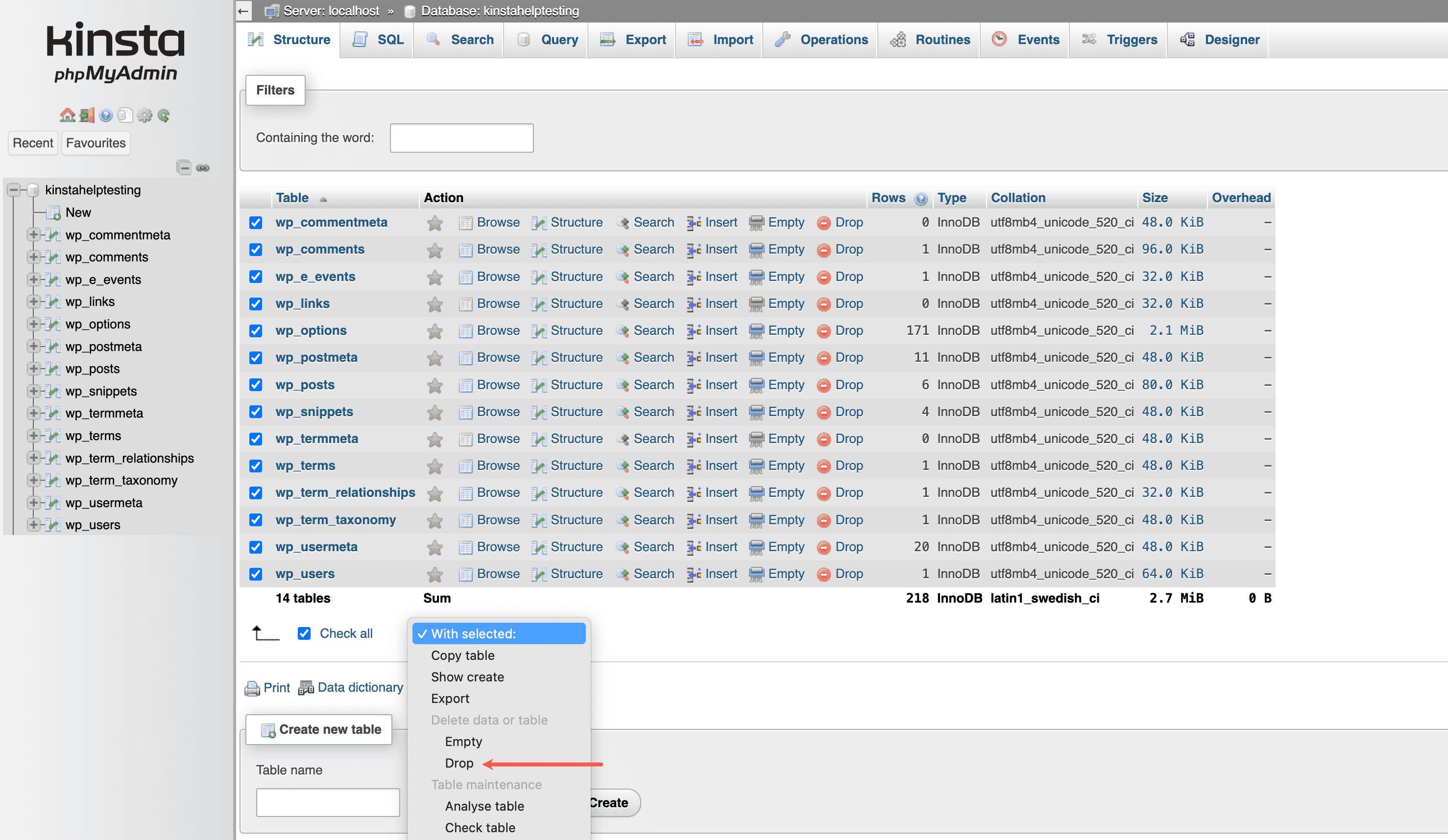 Databasetabellen verwijderen in phpMyAdmin.