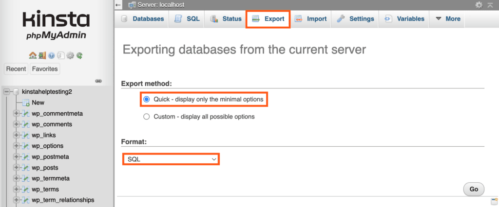 Exportando um banco de dados com o método de exportação rápida no phpMyAdmin.
