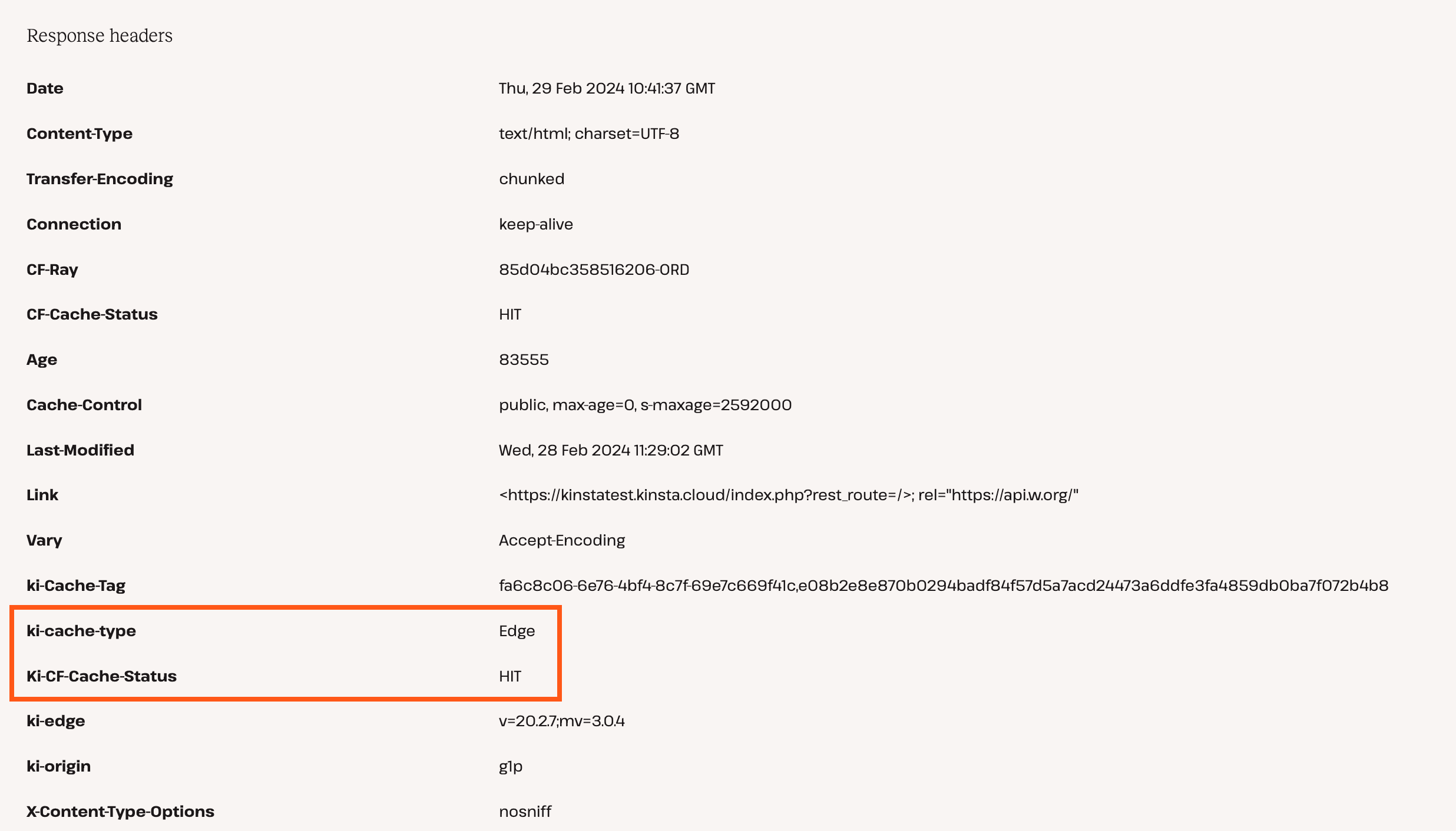 Cabeceras Edge Cache, ki-cache-type y Ki-CFCache-Status, en estado HTTP y comprobador de redirecciones.