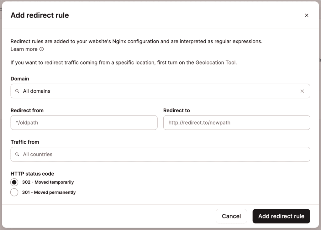 Add a redirect rule in MyKinsta.