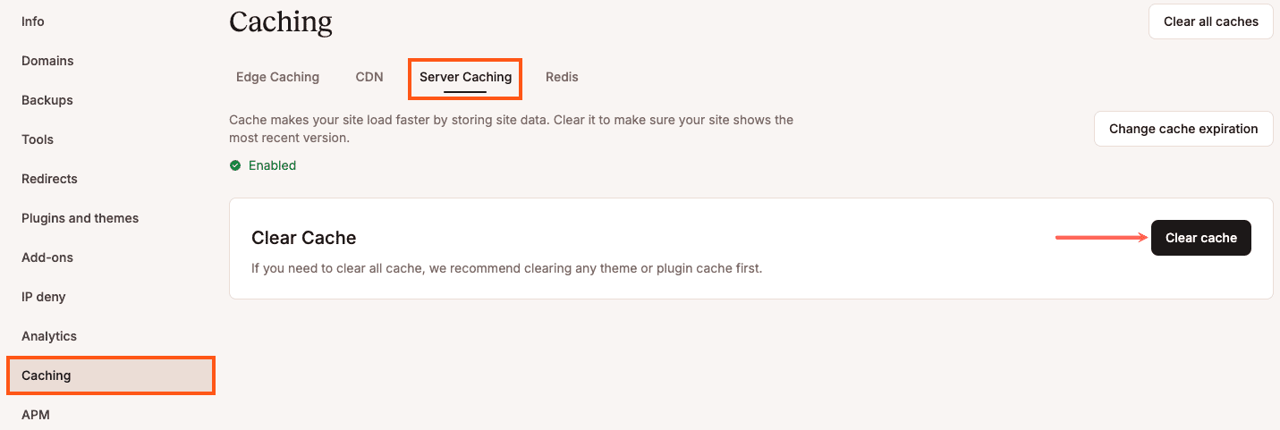 Lösche den Server-Cache auf der Registerkarte Caching in MyKinsta