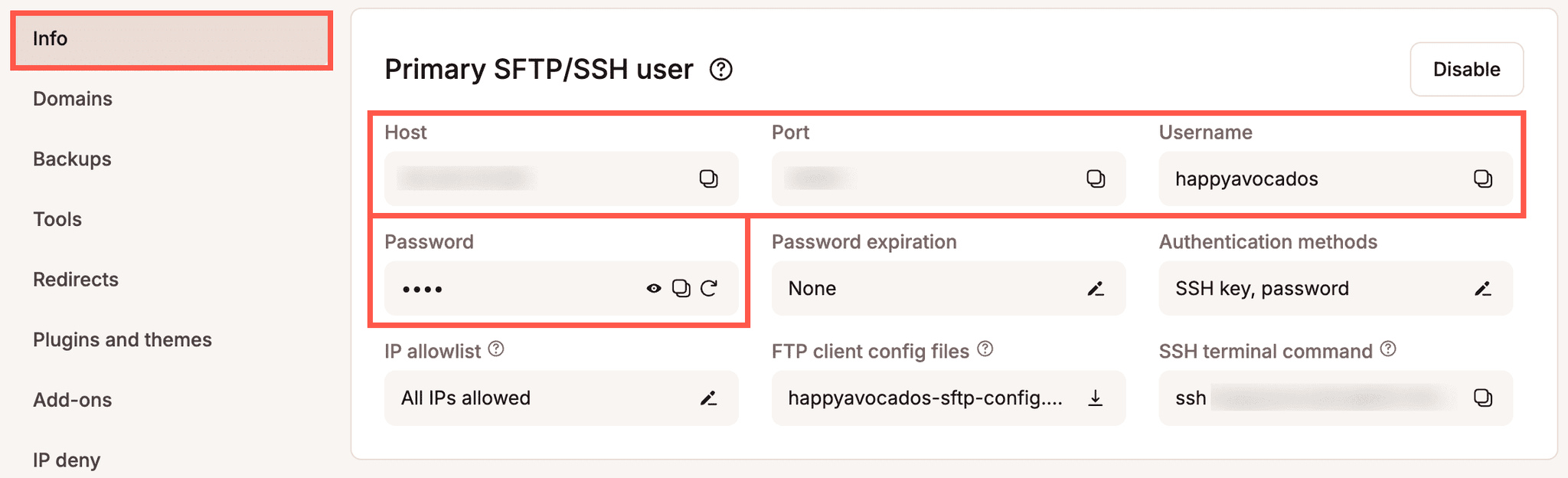 Nome utente, indirizzo IP e Porta dalla pagina Info del sito.