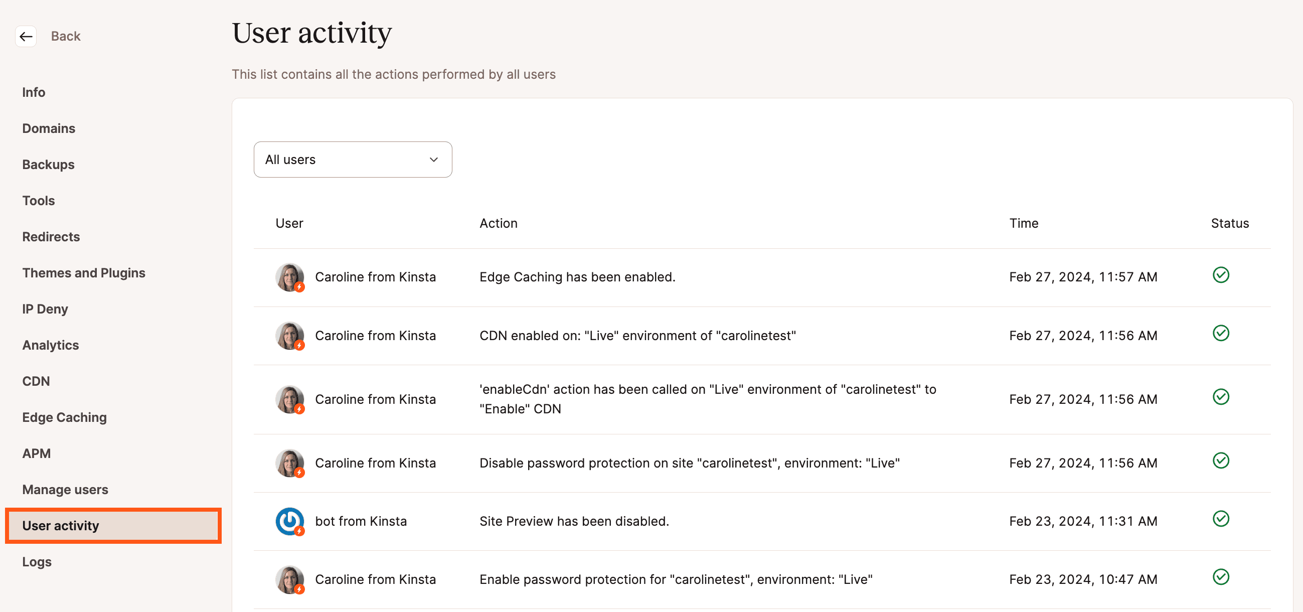 A list of recent user actions on the MyKinsta User Activity screen