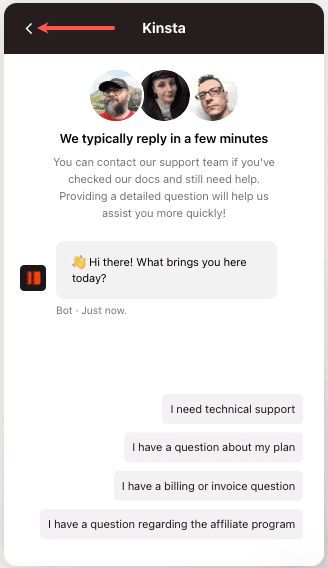 Klik op terug in het chatvenster om een gesprek dat al bezig is te openen.