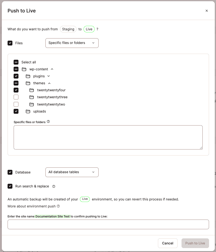 Choosing files and database tables with the MyKinsta Selective Push tool