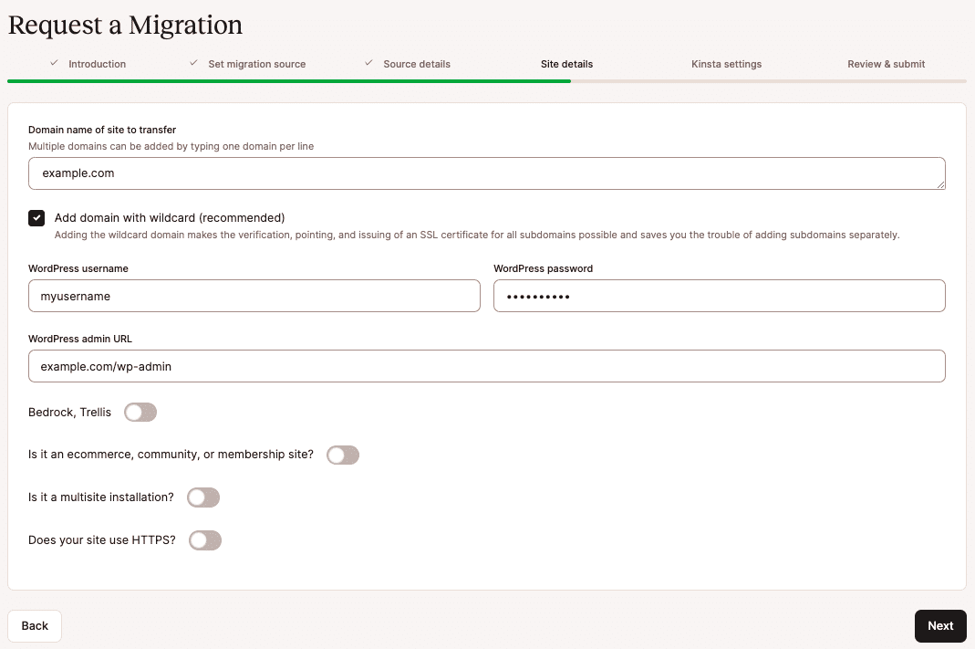 Vervollständige die Website-Details in deiner Migrationsanfrage