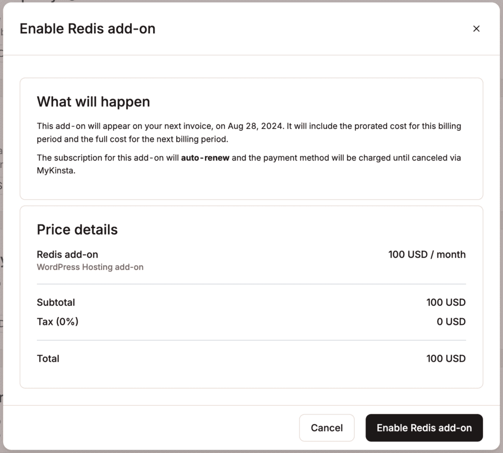 Preisinformationen zum Redis Caching Add-on