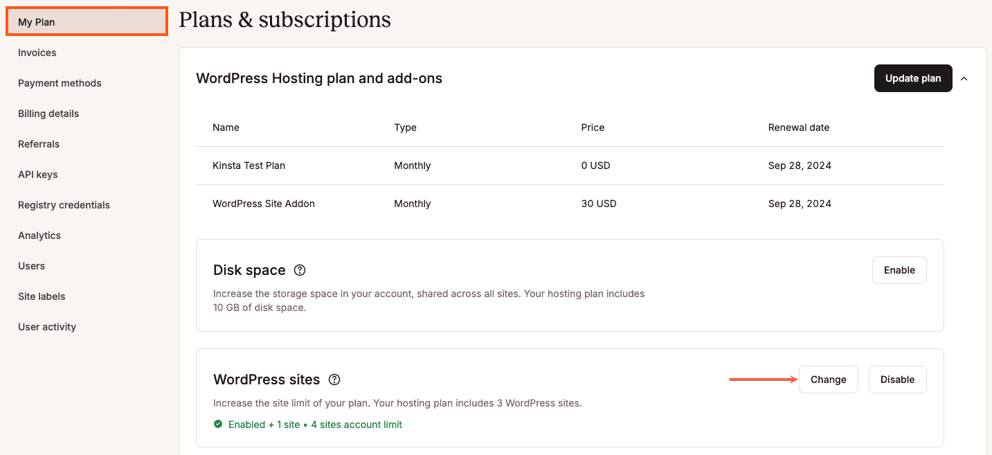 Change the number of sites in your WordPress site add-on.
