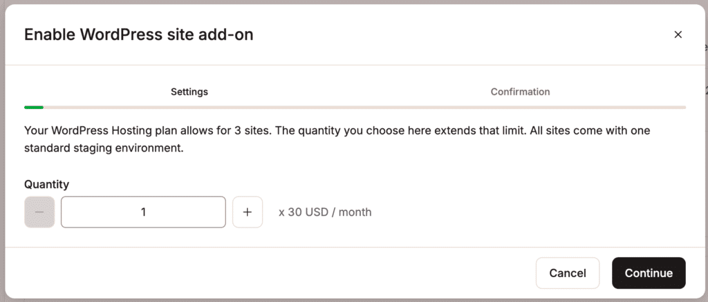 Enter the number of additional WordPress sites you want to add.