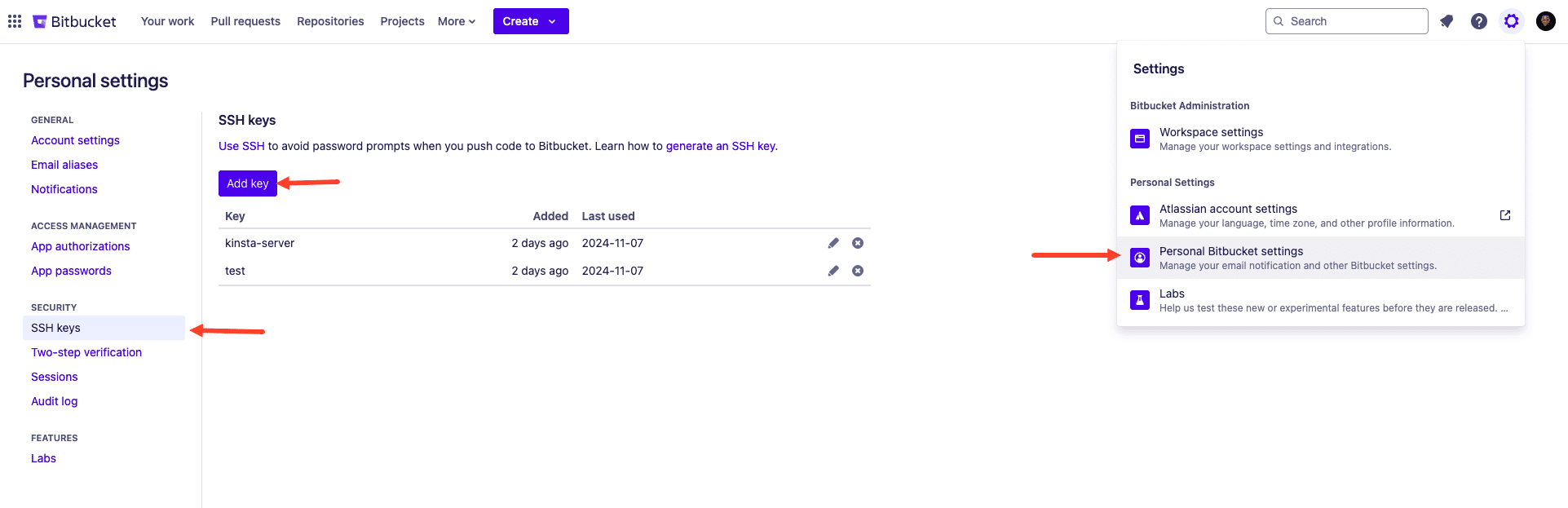 Voeg de SSH-sleutel toe aan Bitbucket Instellingen.