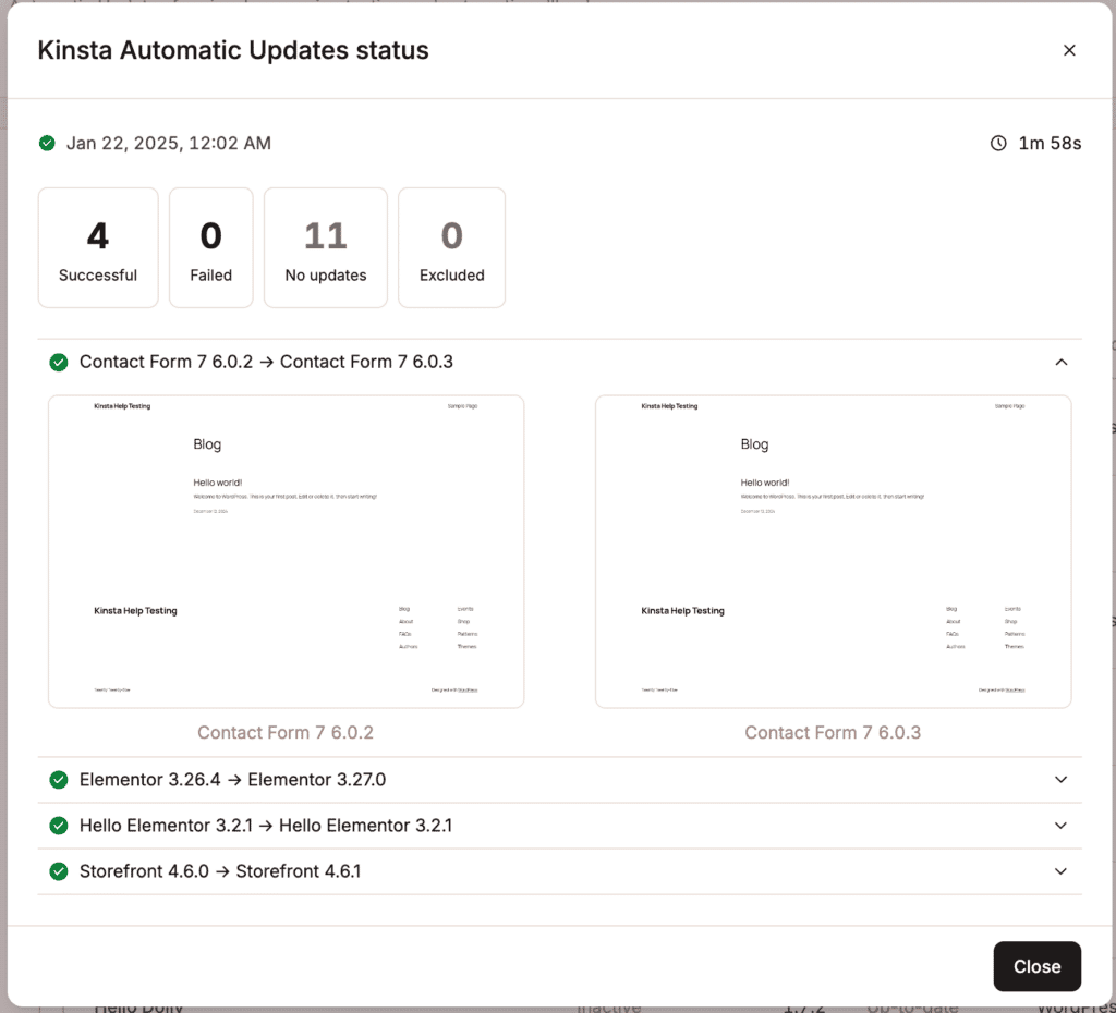 Details about updates installed from Kinsta Automatic Updates.