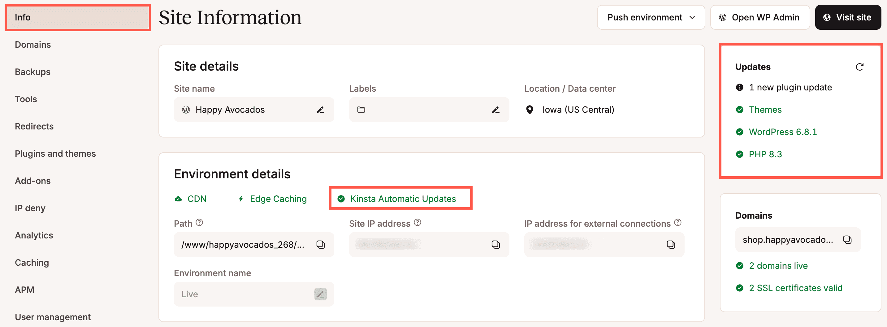 Site Info page showing vulnerabilities and the number of updates available for plugins and themes.