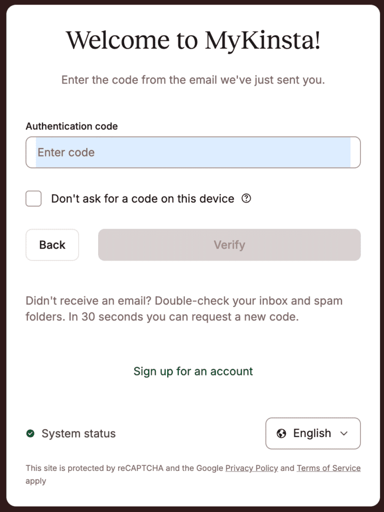 Autenticação 2FA ao fazer login no MyKinsta.