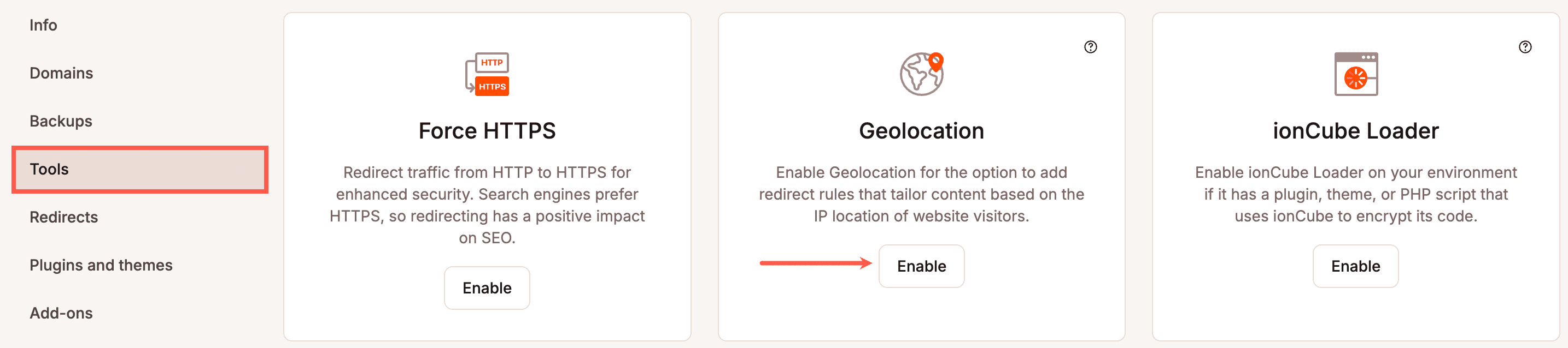 La géolocalisation peut être activée à partir de la section Outils de MyKinsta.