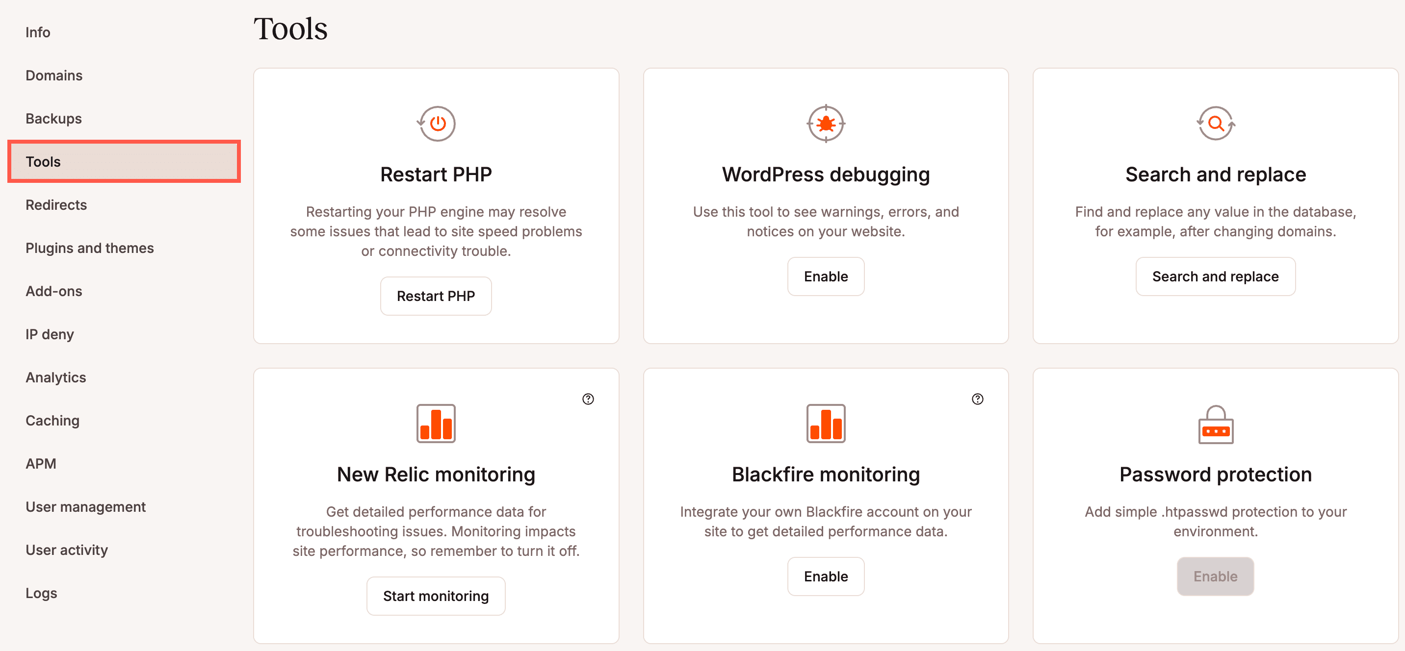 De WordPress Hosting Tools pagina in MyKinsta.