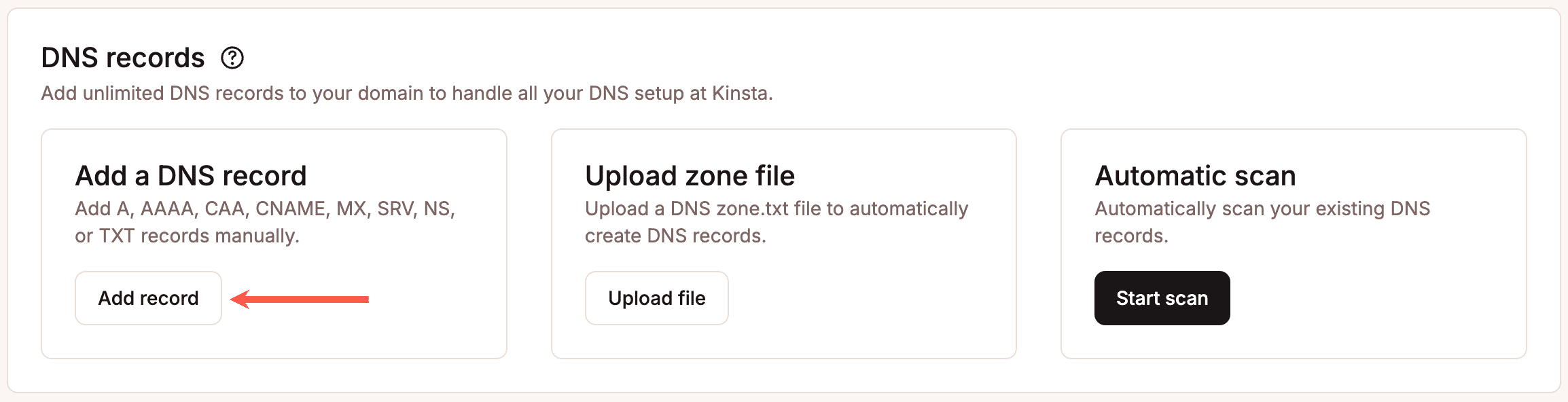 DNS records handmatig toevoegen in MyKinsta.