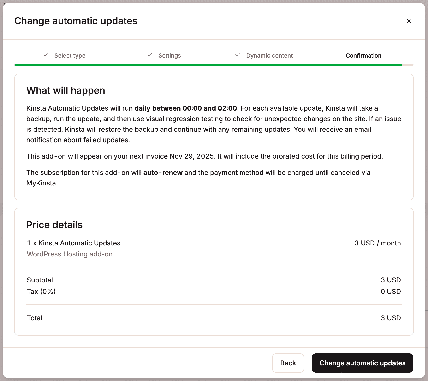 Billing information for Kinsta Automatic Updates.