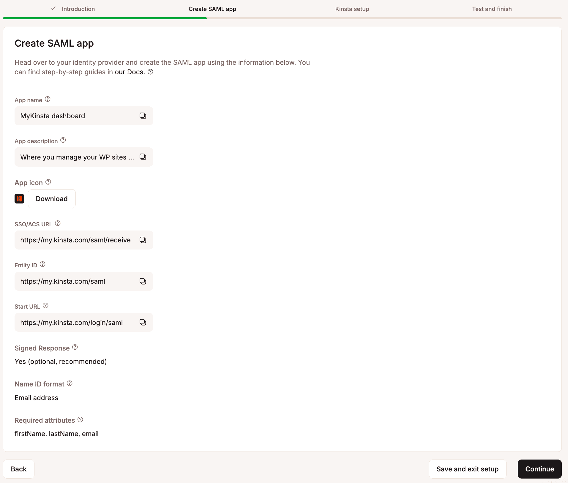 Information to create the SAML app at Microsoft Entra.