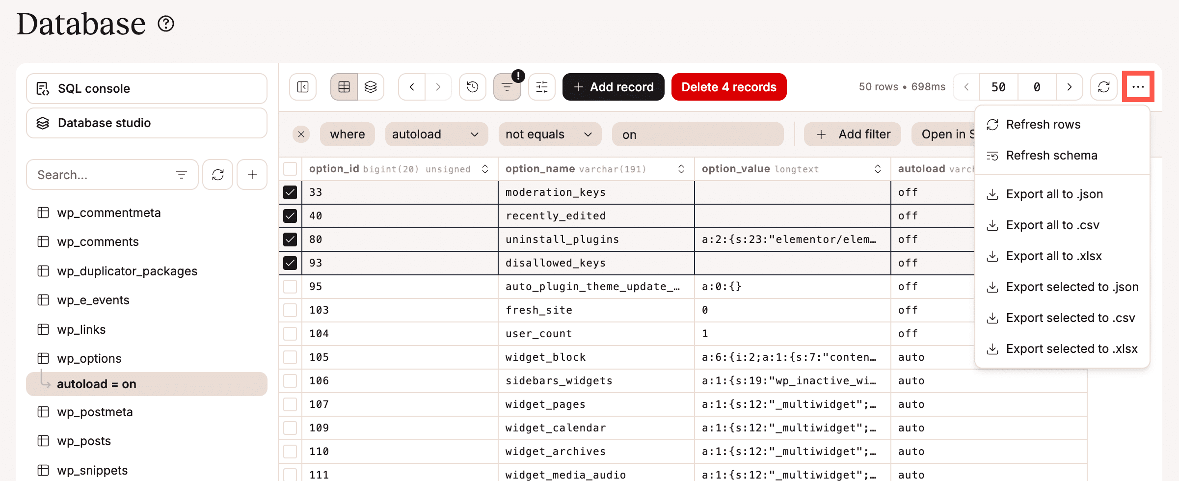 Exporteer je database.