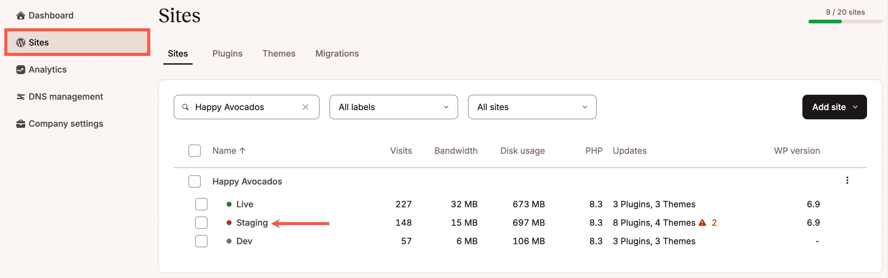 Access the staging environment from Sites.