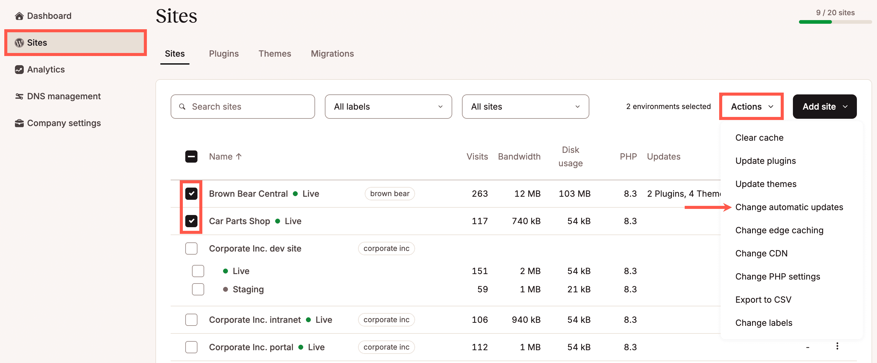 Change automatic updates for your plugins and themes for multiple sites.